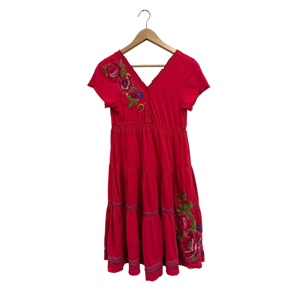 JW Los Angeles Johnny Was Red Embroidered Boho Tiered Cotton Midi Dress Medium